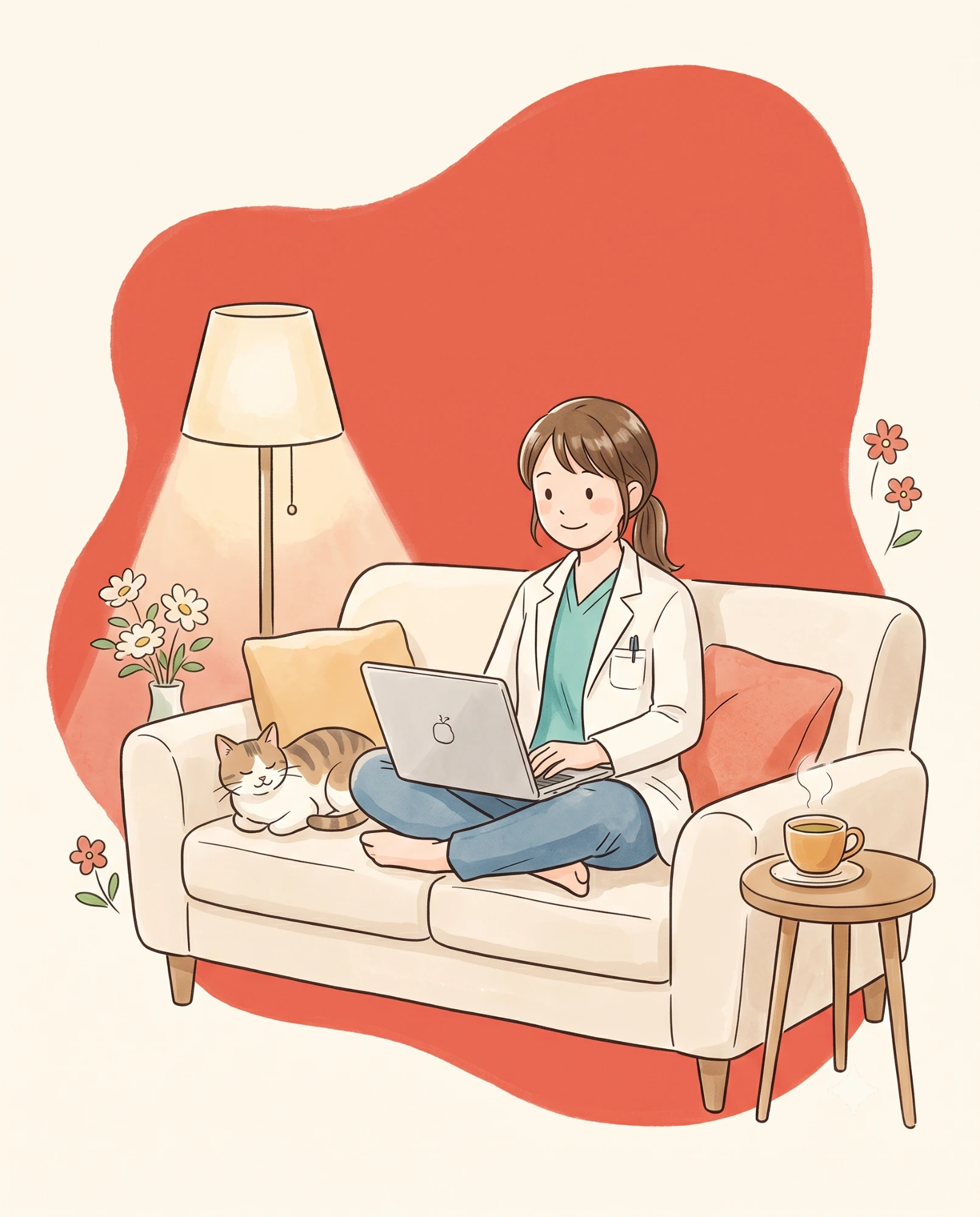 つなぽち — 夜の自宅ソファでハーブティーを傍らにノートPCで病院のカルチャー記事を読む獣医師と眠る猫のイラスト